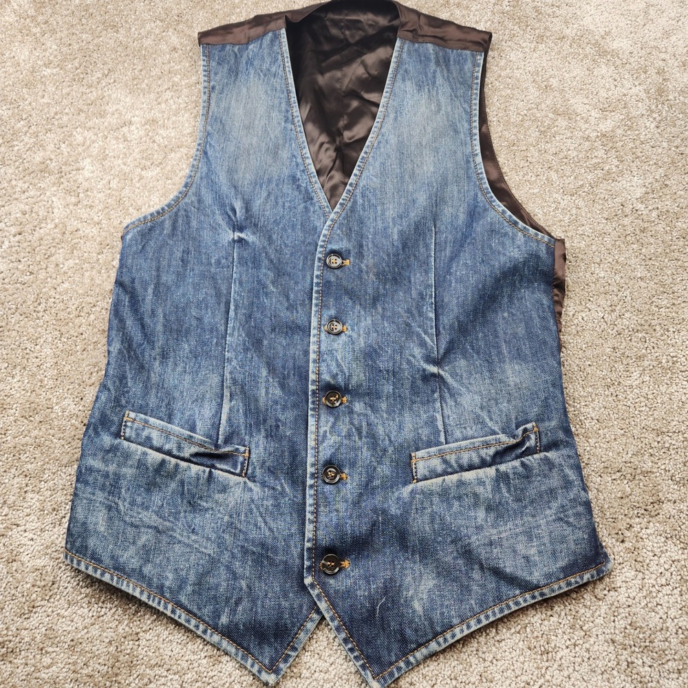 Dolce & Gabbana Mens Denim Waistcoat Vest Blue Brown Made in Italy Sz 48